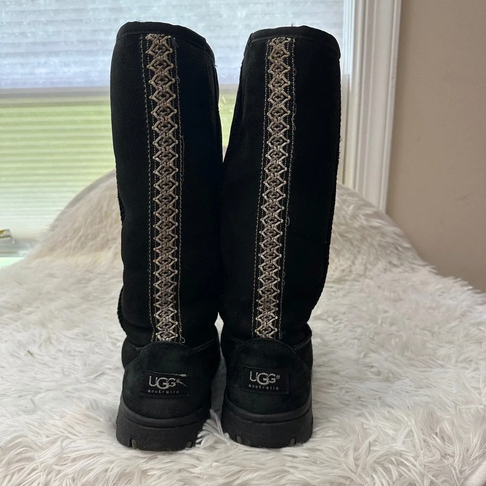 UGG Ultra Tall Revival Boots Black Suede Tasman Braid Aztec Sz 7 Shearling Lined